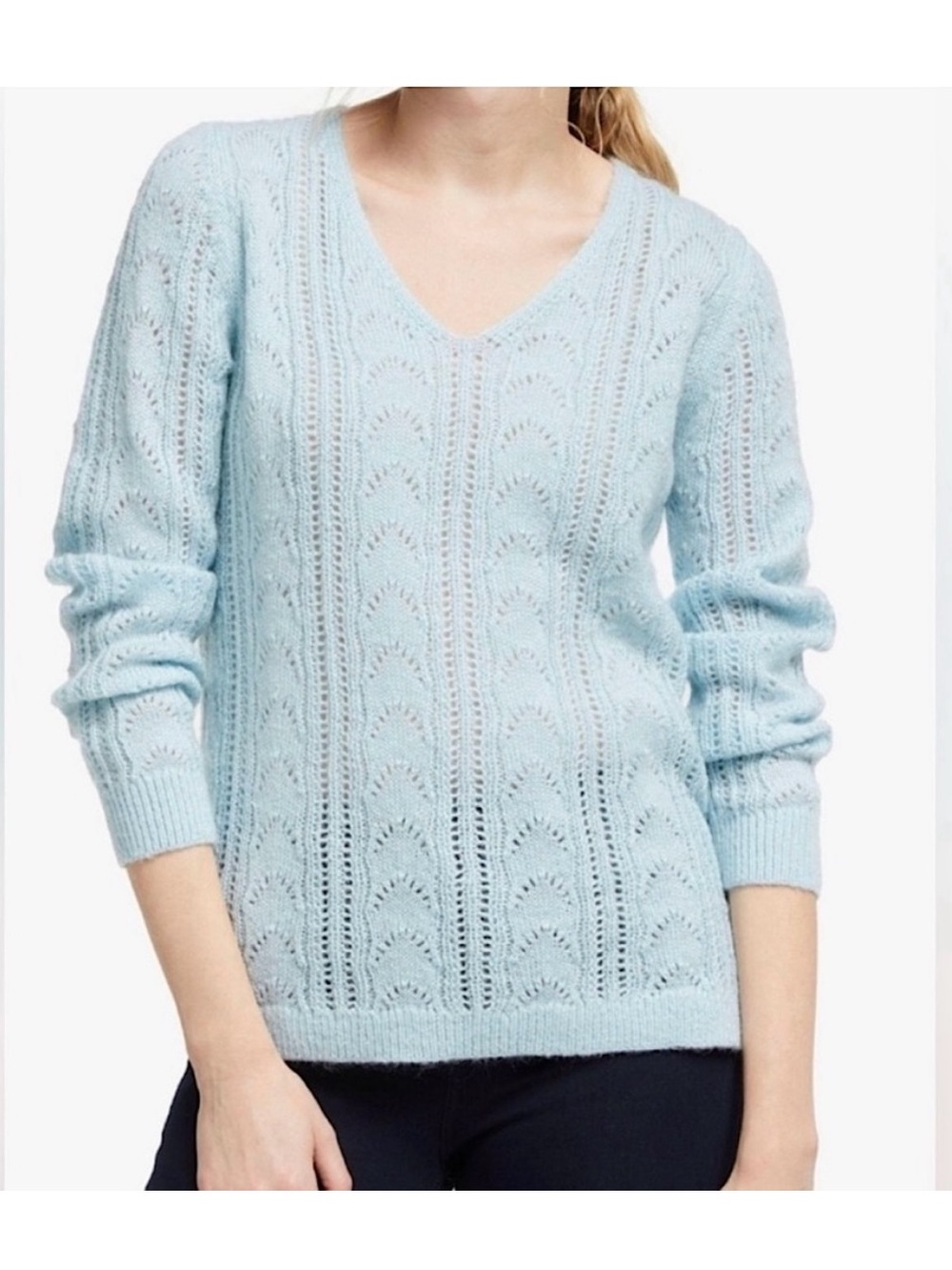 Boden Mohair Wool V Neck Sweater Pointelle Knit Open Baby Blue Pastel Coquette